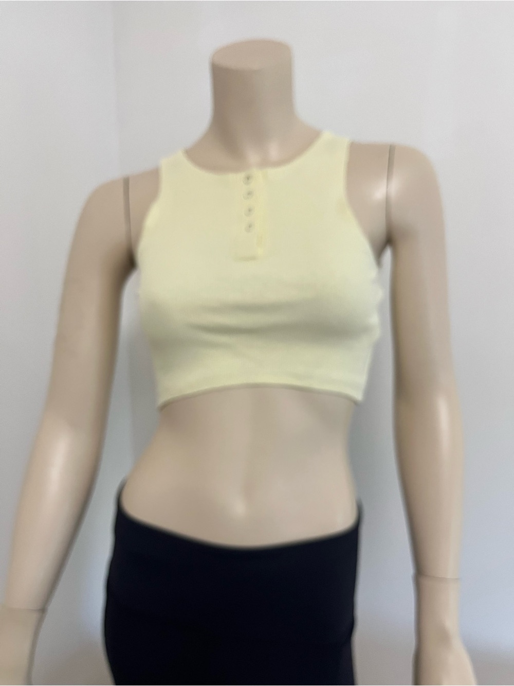 Essentials Pale Yellow Ribbed Henley Crop Tank